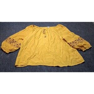 CATO Boho Peasant Top XL Mustard Gold Crochet Sleeves Festival Cottagecore